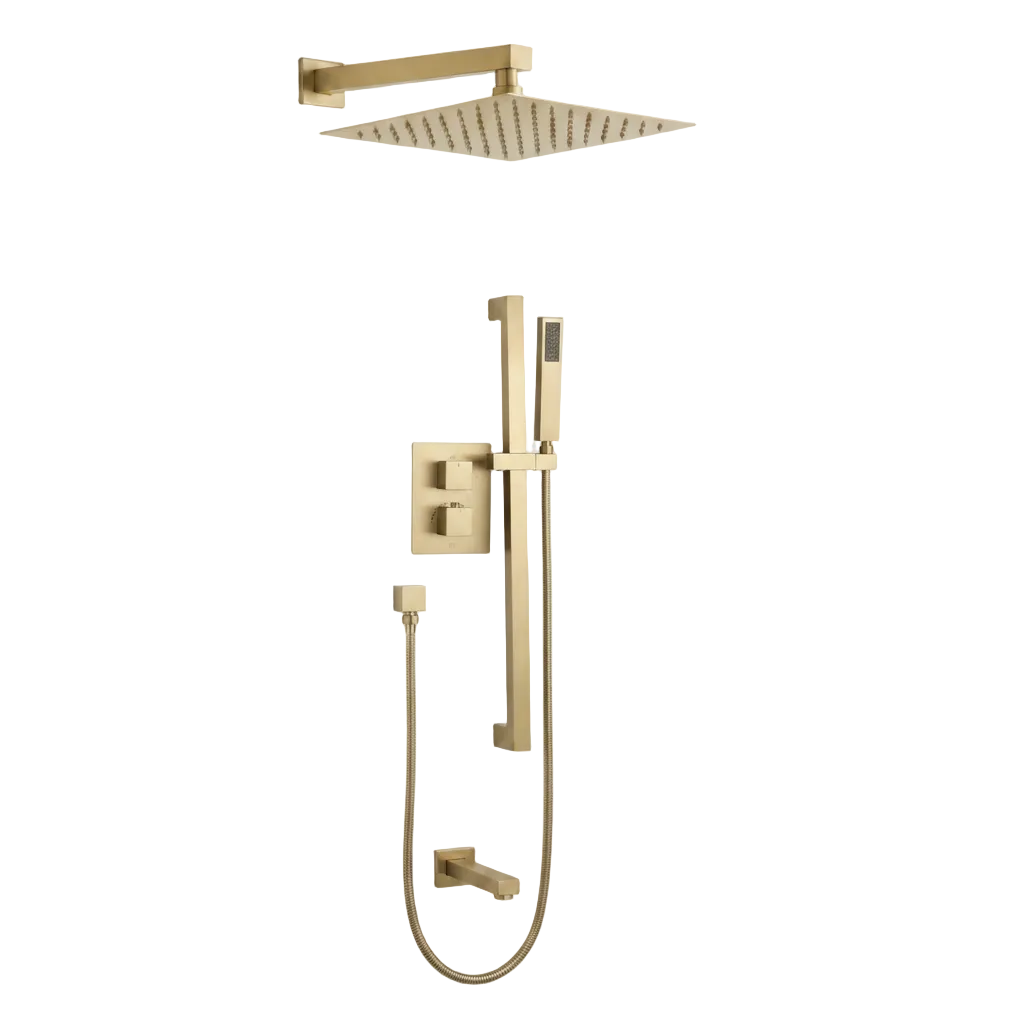 Brushed Gold Square Thermostatic Tub & Shower System | 3-Way Solid ...